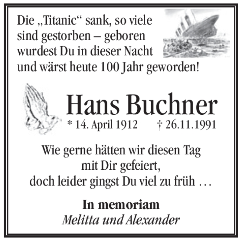  Traueranzeige für Hans Buchner vom 14.04.2012 aus Pegnitz-Zeitung